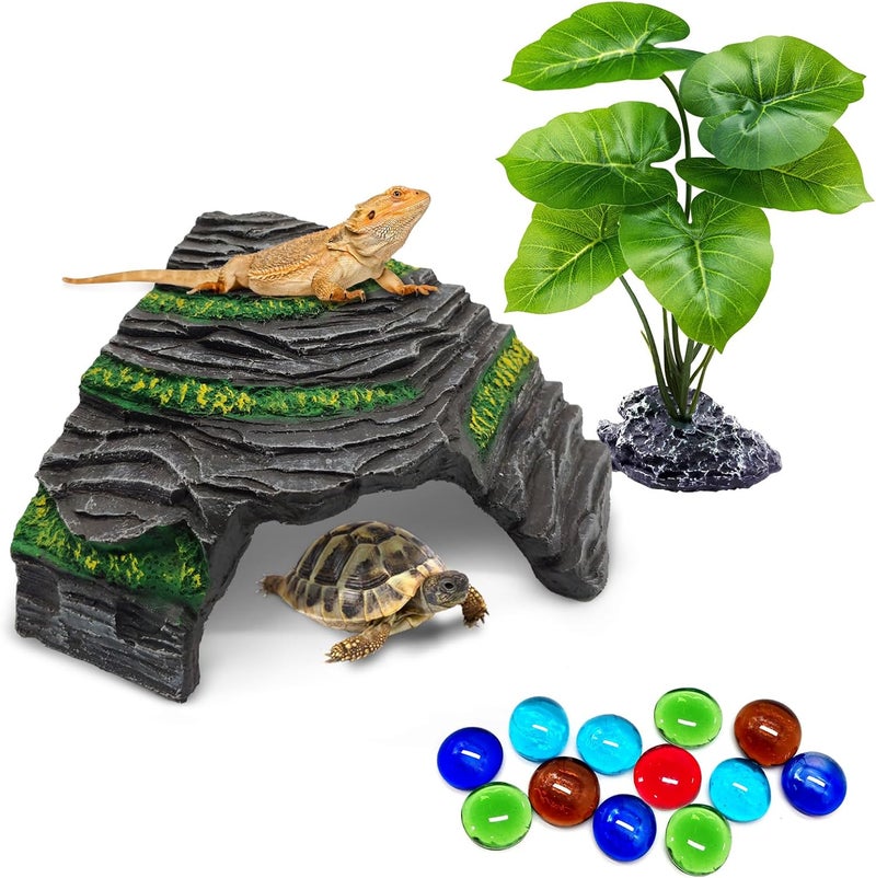 GOZILLA Small Reptile Hideout Cave,Turtle Tank Accessories Decor,Aquarium Cave Basking Platform for Baby Bearded Dragon,Snake and Leopard Gecko.(Grey-S-Kit) - Image 1
